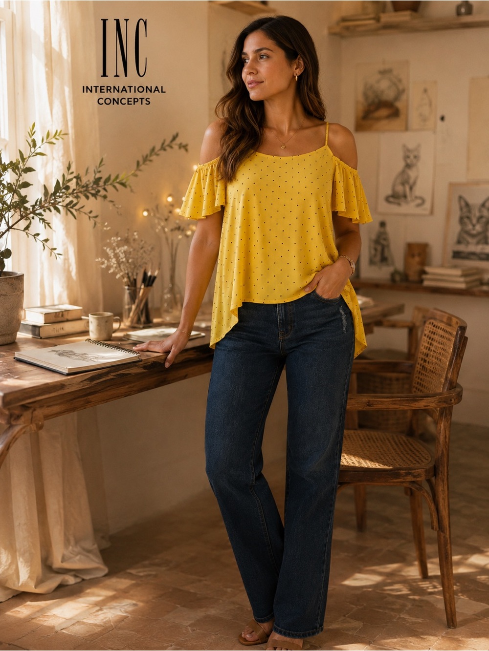 INC International Concepts Yellow Polka Dot Blouse